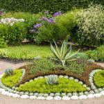 Garden arrangement with white stones and succulents.